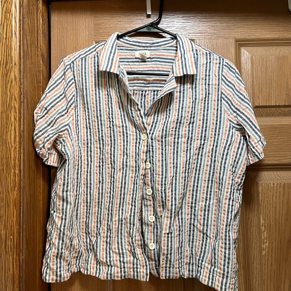 a.n.a Striped Button Down Shirt - Orange, Gray-Blue, White